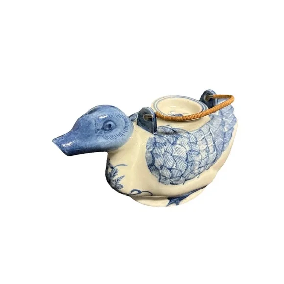 Vintage Chinese Blue & White Porcelain Duck Teapot Hand Painted Wicker Handle