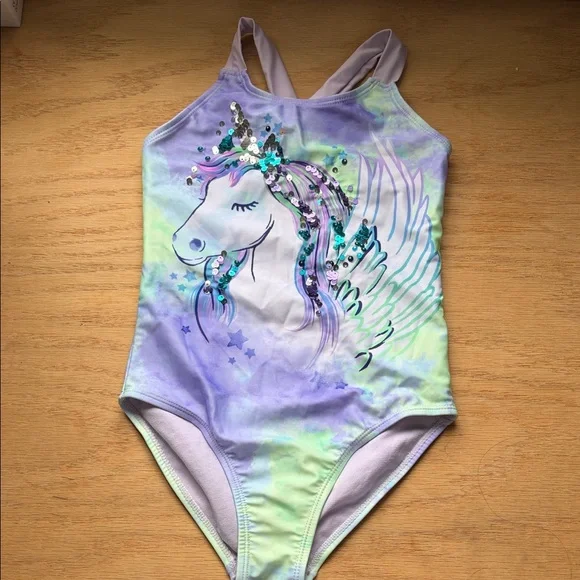 wonder nation Girls' Pastel Purple & Mint Unicorn One-Piece Swimsuit