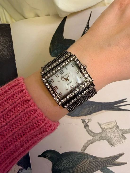 Vintage Geneva Black Rhinestone Mesh Bracelet Watch with White Dial Whimsygoth