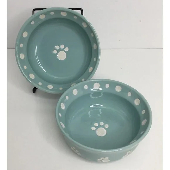 2 Pet Bowls Signature Paws 6” White-Aqua Bowl New