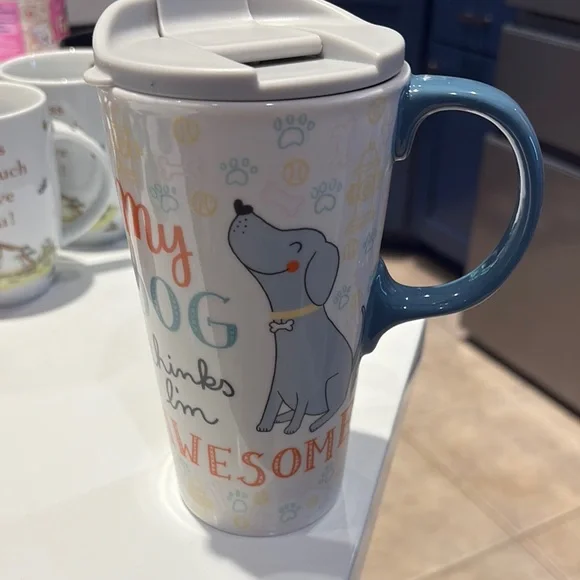 Blue and White Dog-Themed Travel Mug