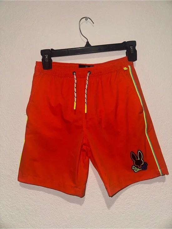Psycho Bunny Leo Hydrochromic Orange Swim Shorts with Neon Trim. Size 10/12