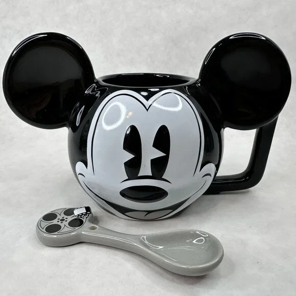 Vintage Disney Mickey Mouse Ceramic Mug W/ Spoon Black &‎ White 3D Ears D Handle