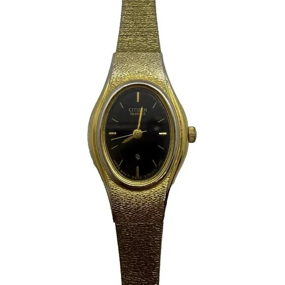Vtg Citizen CQ Women's Watch Black Dial Gold Tone Oval 5930-S25350 17mm Dainty