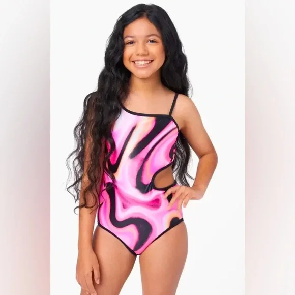New! Justice marble Swirl Girls One Piece Cut Out REVERSIBLE Swimsuit | Size L