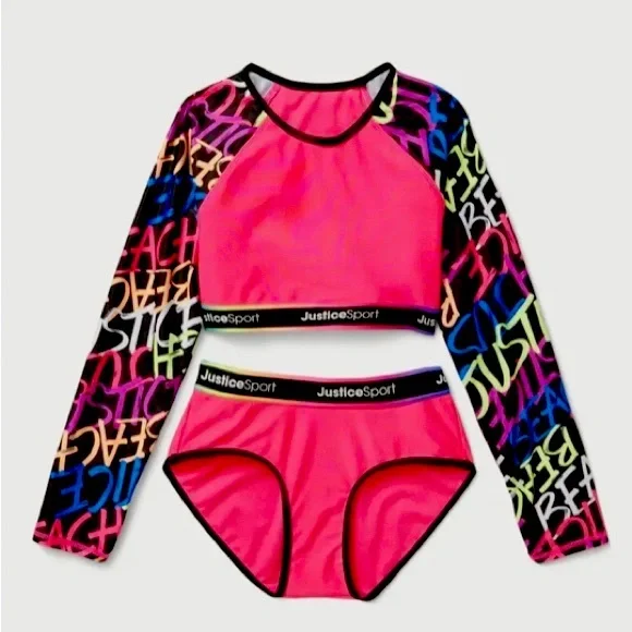 Justice Girls Sport Long Sleeve Rash-guard Swimsuit Set |Size XS