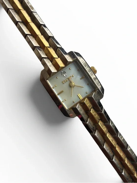 Vintage Elgin Two Tone Gold & Silver Square Face Ladies Watch Pearl Face