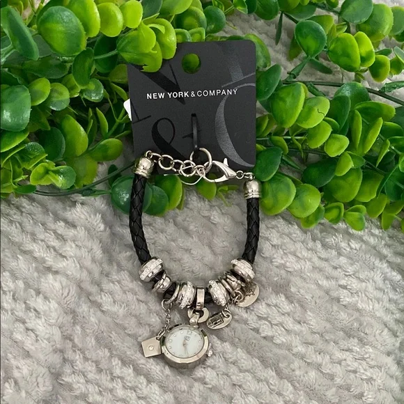 New York & Company Black and Silver Watch and charm Bracelet
