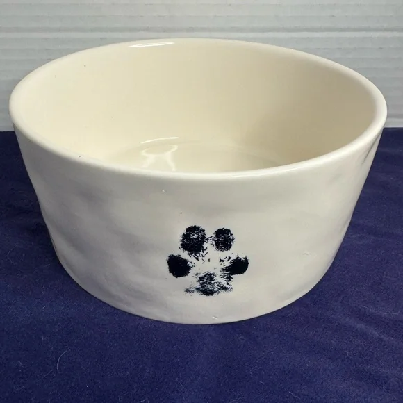 Rae Dunn Paw Print Devour Dimpled Large Dog Bowl Ceramic White Minimalist Rare