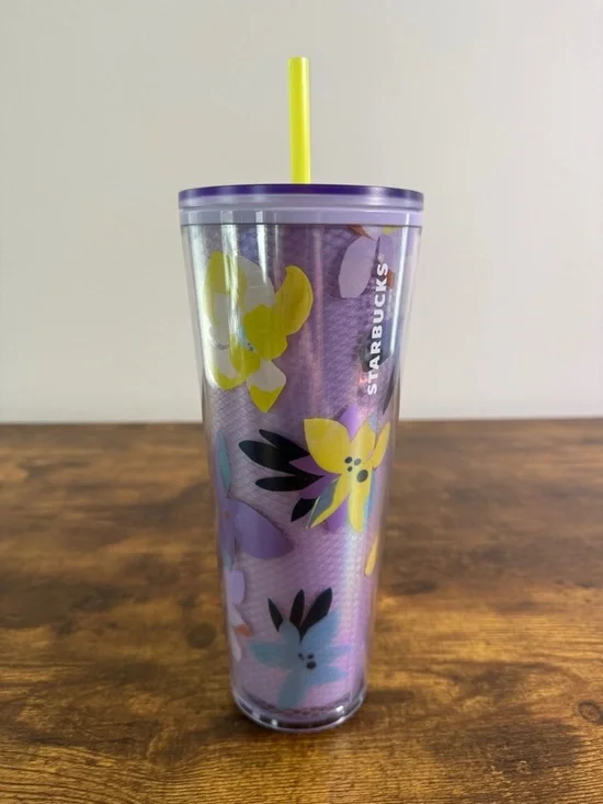 NWT Starbucks Lavender and Yellow Floral Tumbler with Yellow Straw, 24 Oz