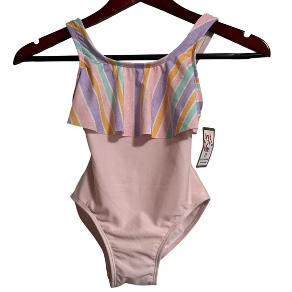 Ivy's‎ Vine Toddler Girls 2T One Piece Swimsuit Pink Pastel Striped Ruffle NWT
