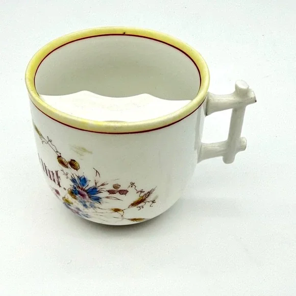 Antique Germany Mustache Cup Porcelain Floral Forget Me Not Branch Handle White
