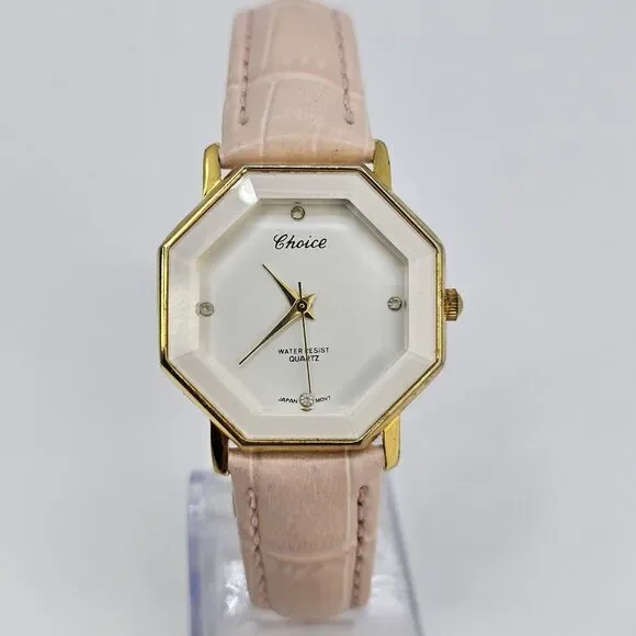 Choice Women's Octagon‎ Watch 30MM White Dial New Pink Leather Bands New Battery