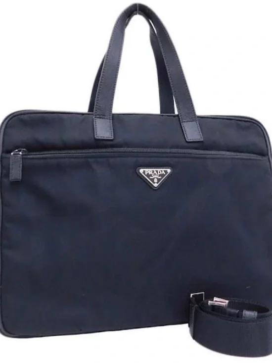 Prada Black Nylon Laptop Briefcase with Shoulder Strap callout handles
