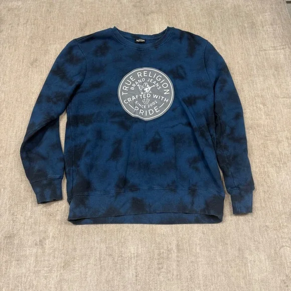 True Religion Crewneck‎ Sweatshirt Mens Medium Blue Tie Dye Logo Graphic