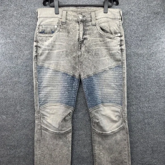 True Religion Mens Moto Grey Acid Wash Slim Biker Jeans Paint Splatter Size 33