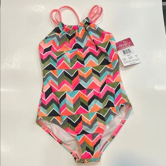 Kanu Surf Pink and Orange One Piece Swimsuit Chevron Pattern