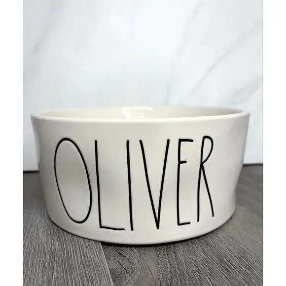 Rae Dunn OLIVER Large Ceramic Dog Pet Bowl 8