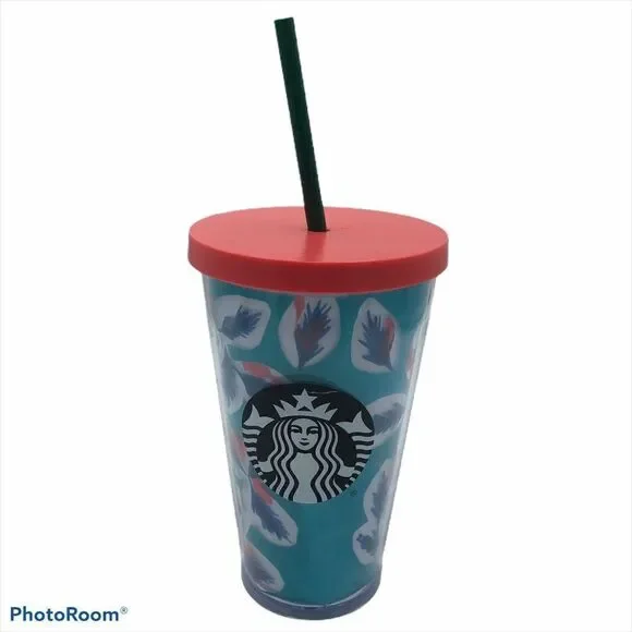 Starbucks Feather Tumbler with Straw‎ 16 oz Cup Original Straw Print Coffee