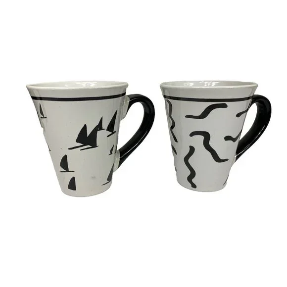 Pair Croix Du Sud Large Ceramic Mugs Coffee Cup B&W Sailboats Abstract Lot 2