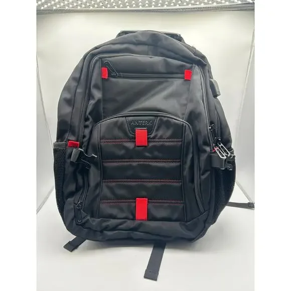 Anterk Travel Laptop Backpack USB Charging Port Black Red School Work Bag
