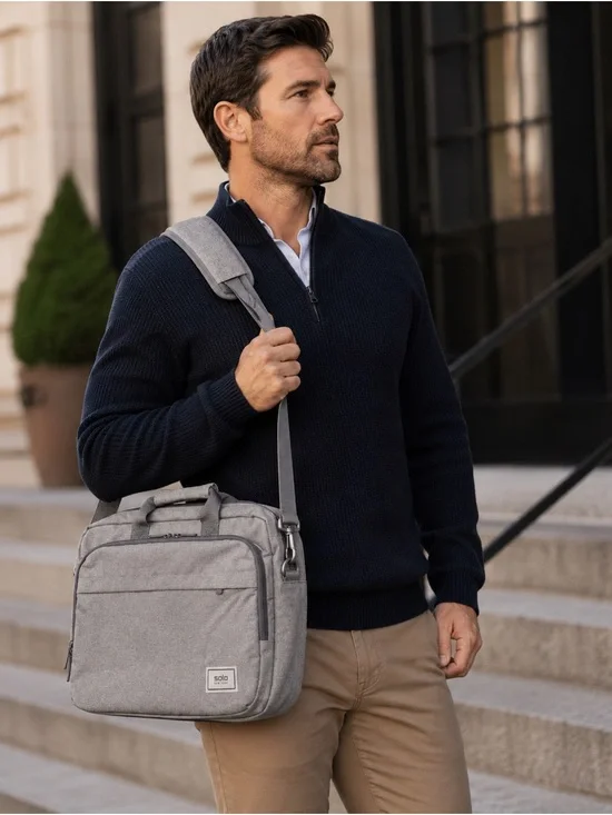 Solo New York Messenger Shoulder Bag / Briefcase Gray Laptop Travel Work Bag EUC