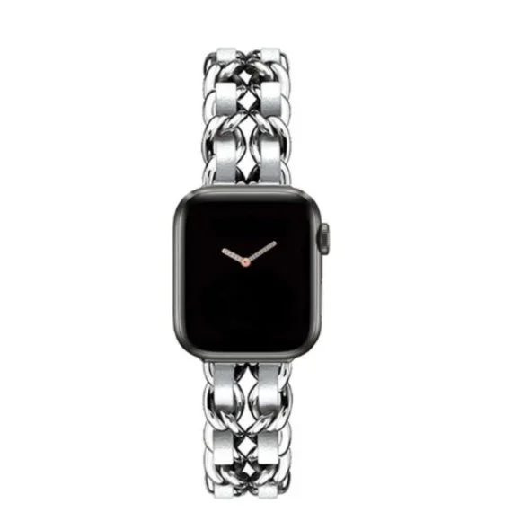 NEW Strap Silver White Chain Leather Stainless Band For Apple Watch