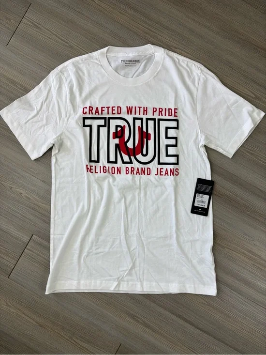 True Religion White Graphic 'TRUE' Logo Tee with Red Accent