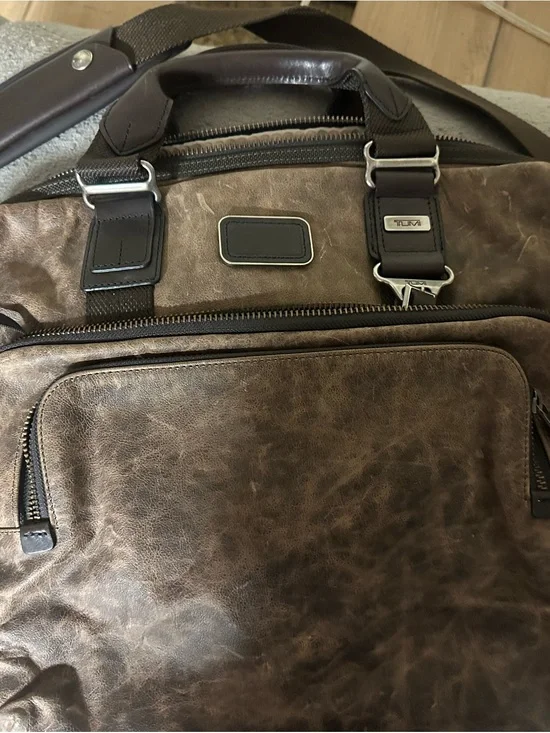 Tumi Distressed Brown Leather Laptop Briefcase with Dark Trim