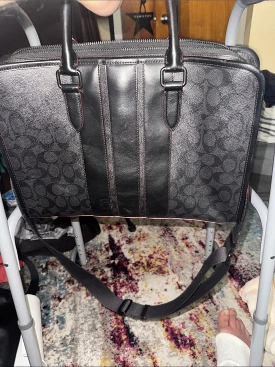 Coach Men’s Black Signature Canvas Laptop Briefcase with Subtle Red Stitching