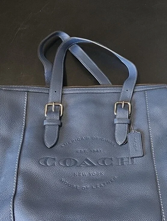 Coach Navy Blue Pebbled Leather Tote with Buckle Straps