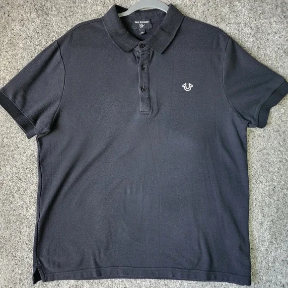 True Religion Polo Shirt Mens Large Black‎ Horseshoe Logo Excellent