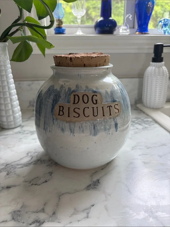 Vintage NC Pottery 'Dog Biscuits' Biscuit Jar with Cork Lid - Blue & Cream 1997