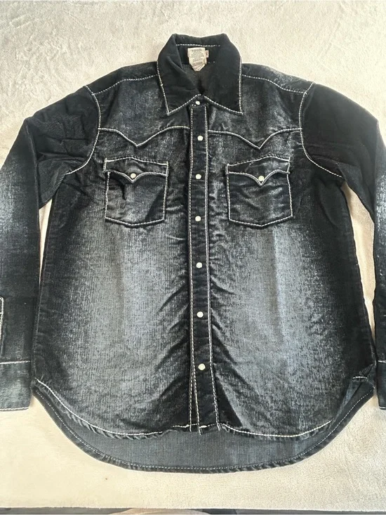 True Religion Black Corduroy Western Shirt Long Sleeve pearl Snap Button Size M