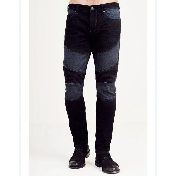 True Religion Mens 40x33 Rocco Relaxed Skinny blue black‎ Moto Denim Jeans