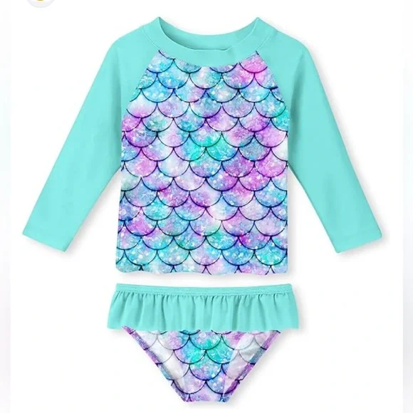 Kids Girls USA Two Piece Long Sleeve Swimwear Starry Blue and Red Swim‎ Set 6-7y