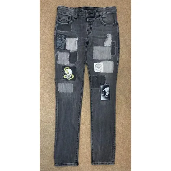 True Religion Rocco Jeans Mens 31 (32x32) Skinny Fit Button Fly Gray Patch Denim