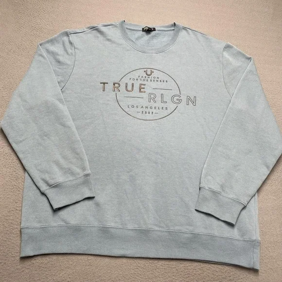 True Religion Sweatshirt Mens 3XL‎ Blue Pullover Fleece Graphic Crewneck