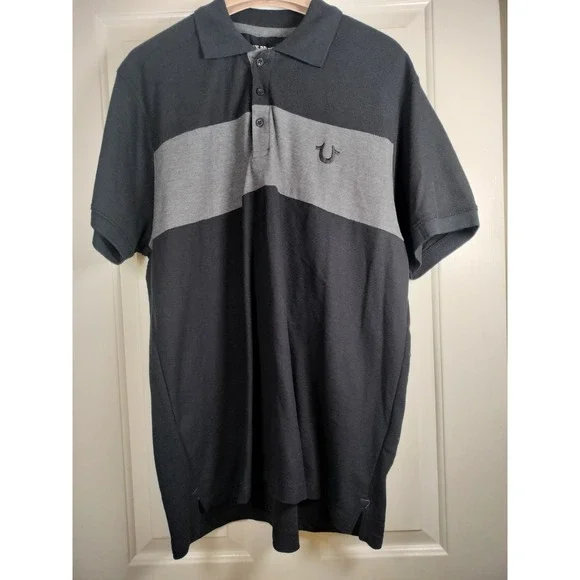 NWT True Religion Men's Color Block Polo Shirt Black Heather Grey SS XXXL
