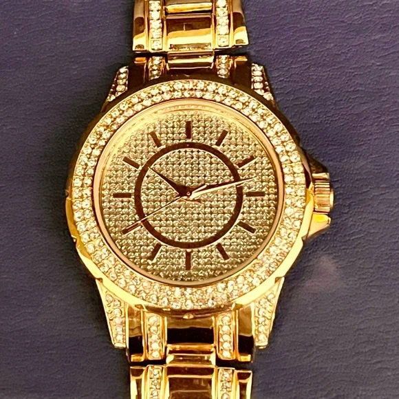 FMDAL Oversized Gold Glitz Watch Iced Out Pavé Rhinestone Statement Bling Glam