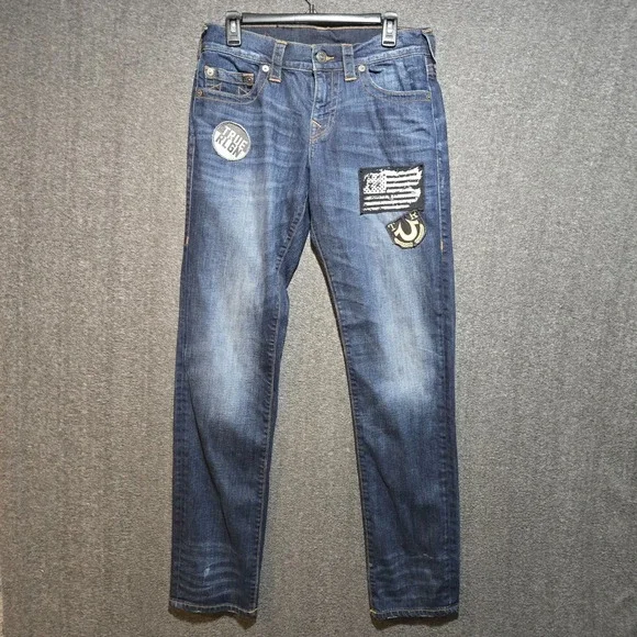 True Religion Jeans Geno Relaxed Slim Sz 29 31 x 34 Blue Denim Patches