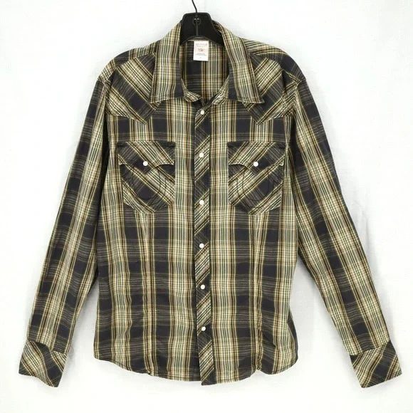 True Religion Shirt Mens XL Western Brown Plaid Pearl Snaps Pockets Tiny Flaw