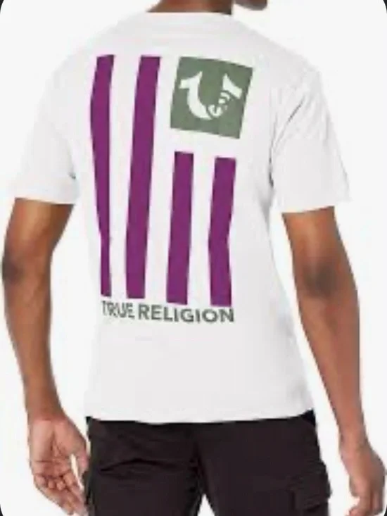 True Religion White Short-Sleeve Tee with Purple Stripes and Olive Logo