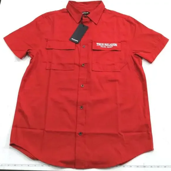 True Religion NTW red short sleeve button down shirt mens size S streetwear bold