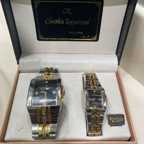 Vintage Charles Raymond His And Hers New York silver and gold watch set locks in