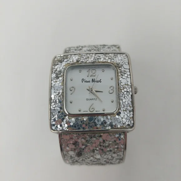 Pierre Nicol Silver Sequin Sparkly Watch Cuff Bracelet Square Face Glam Bling