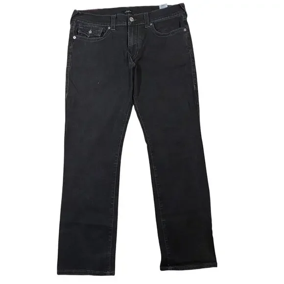True Religion Jeans 36 x 32 Black Mens Ricky Relaxed Straight Flap Pockets Denim
