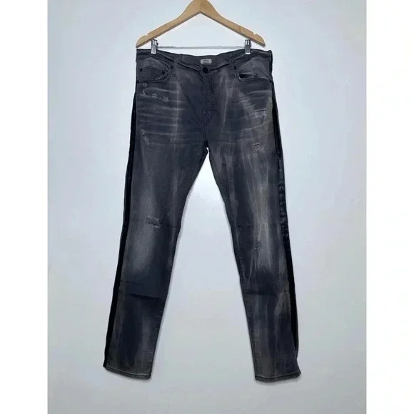 True Religion Mens Gray Rocco Relaxed Skinny Light Distressed Side Stripe Jeans