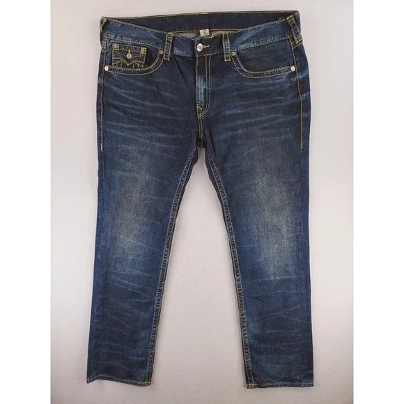 True Religion Jeans Mens 42x34 Skinny Flap Pocket Big T Y2K Hip Hop Thick Stitch