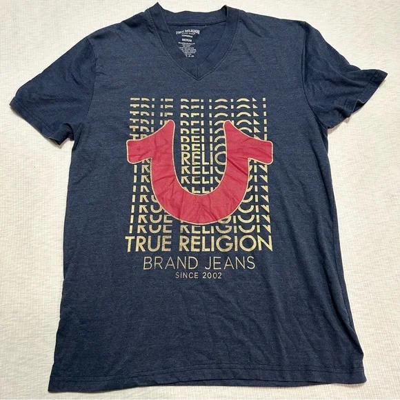 True Religion T-Shirt Medium‎ Men's Loungewear Blue Logo V Neck FLAW